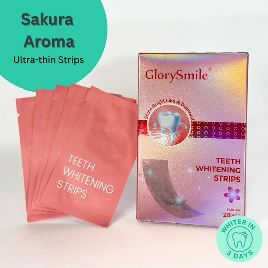 GlorySmile teeth whitening strips with sakura flavor front view packaging with strips on a white background