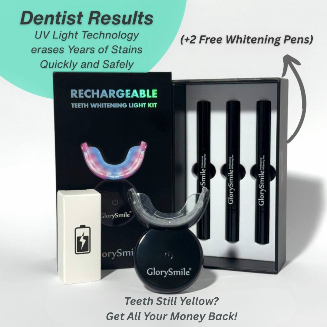 Black GlorySmile teeth whitening kit with rechargeable light, mouth tray, and pens on a white background.