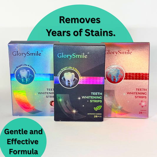 Front view of Three boxes of GlorySmile teeth whitening strips with promotional text on a white background.