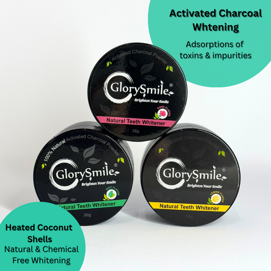  front view of Three jars of GlorySmile natural teeth whitening powder with text about activated charcoal whitening on a white background.