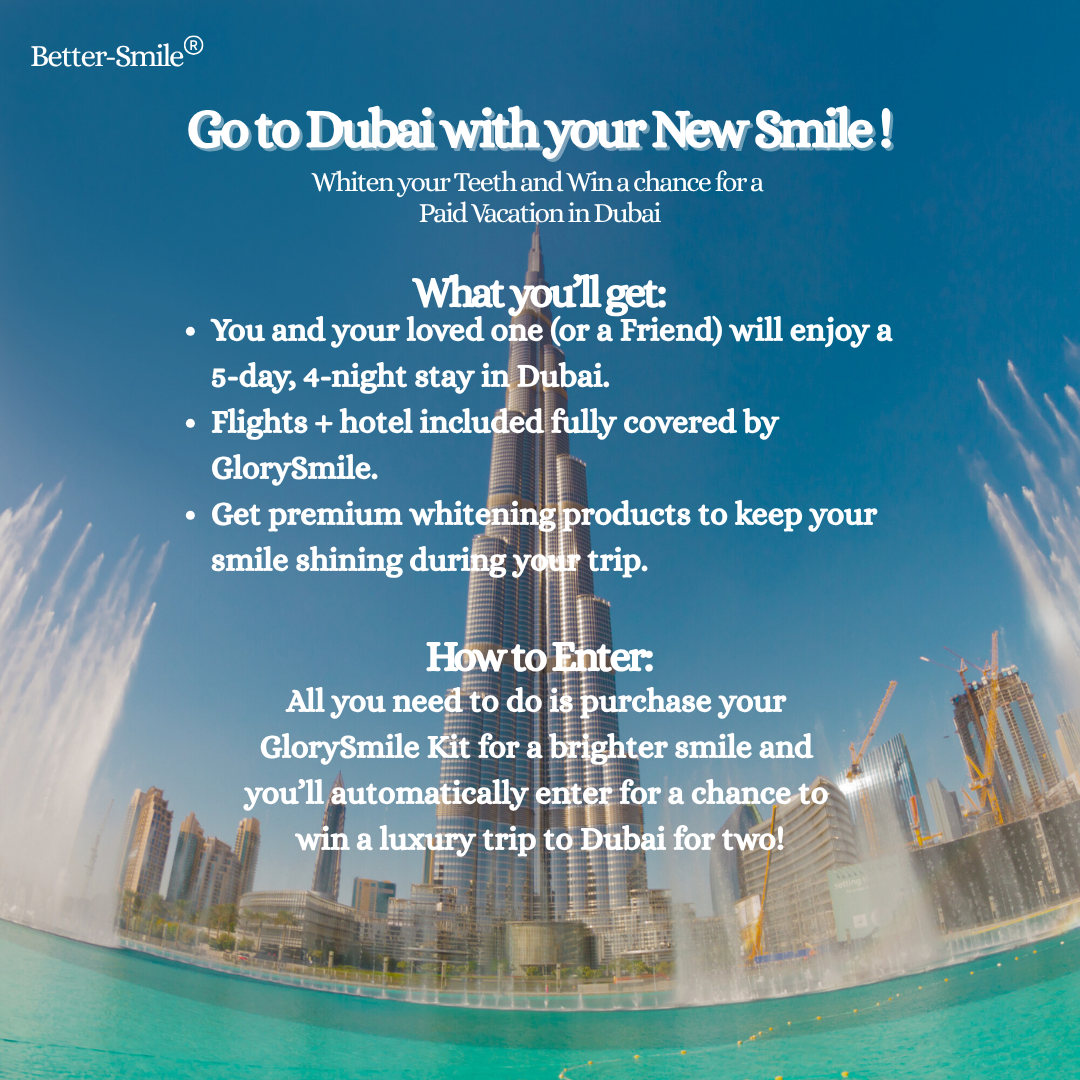 Giveaway description for a dental whitening product with Dubai vacation trip as the price