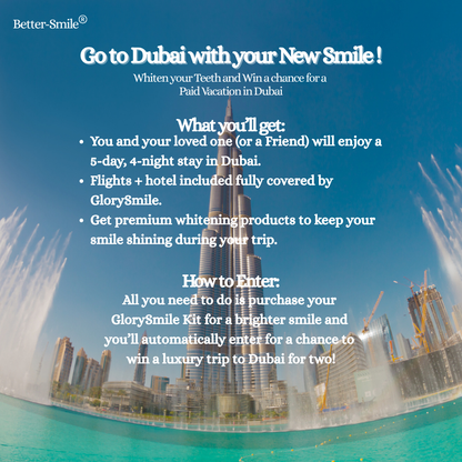 Giveaway description for a dental whitening product with Dubai vacation trip as the price